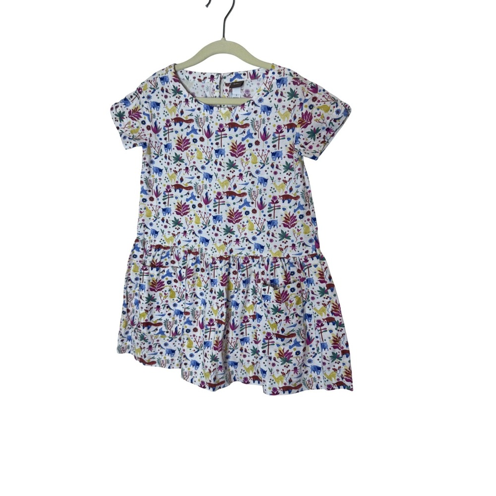 Tea Collection Dress Girls 5 White Animal Floral Short Sleeve Pockets Summer